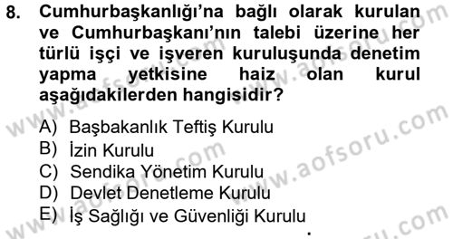 Çalışma Yaşamının Denetimi Dersi 2012 - 2013 Yılı (Final) Dönem Sonu Sınav Soruları 8. Soru