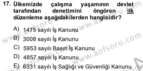 Çalışma Yaşamının Denetimi Dersi 2014 - 2015 Yılı (Vize) Ara Sınav Soruları 17. Soru