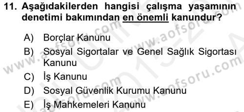 Çalışma Yaşamının Denetimi Dersi 2015 - 2016 Yılı (Vize) Ara Sınav Soruları 11. Soru