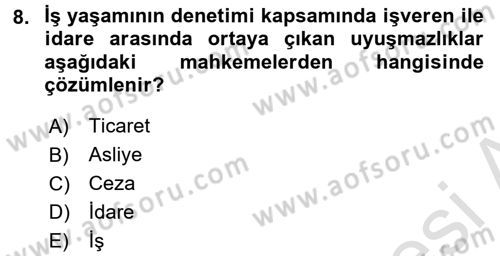 Çalışma Yaşamının Denetimi Dersi 2016 - 2017 Yılı (Final) Dönem Sonu Sınav Soruları 8. Soru