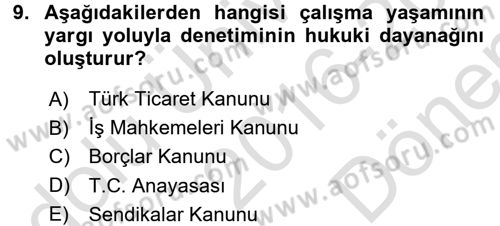 Çalışma Yaşamının Denetimi Dersi 2016 - 2017 Yılı (Final) Dönem Sonu Sınav Soruları 9. Soru
