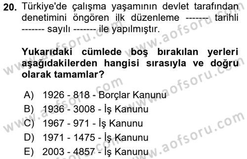 Çalışma Yaşamının Denetimi Dersi 2017 - 2018 Yılı (Vize) Ara Sınav Soruları 20. Soru