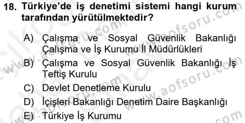 Çalışma Yaşamının Denetimi Dersi 2017 - 2018 Yılı (Final) Dönem Sonu Sınav Soruları 18. Soru