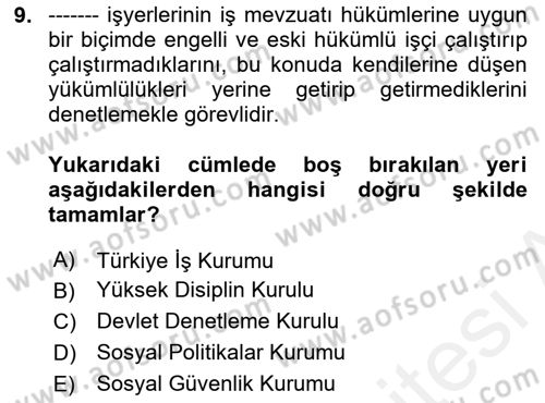 Çalışma Yaşamının Denetimi Dersi 2018 - 2019 Yılı (Final) Dönem Sonu Sınav Soruları 9. Soru