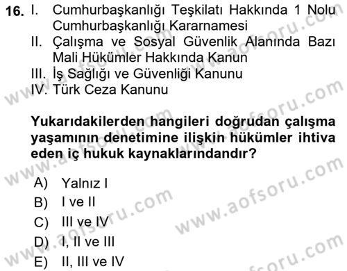 Çalışma Yaşamının Denetimi Dersi 2021 - 2022 Yılı (Vize) Ara Sınav Soruları 16. Soru