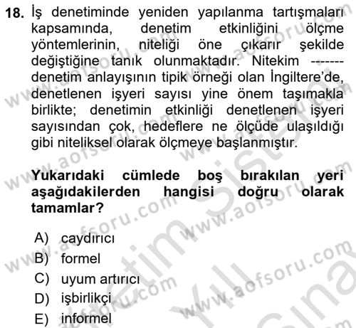 Çalışma Yaşamının Denetimi Dersi 2021 - 2022 Yılı (Final) Dönem Sonu Sınav Soruları 18. Soru