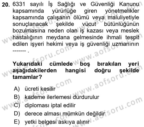 Çalışma Yaşamının Denetimi Dersi 2022 - 2023 Yılı Yaz Okulu Sınav Soruları 20. Soru