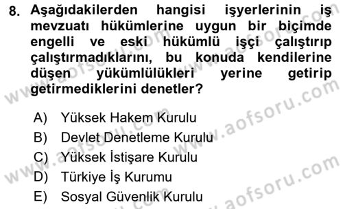 Çalışma Yaşamının Denetimi Dersi 2022 - 2023 Yılı Yaz Okulu Sınav Soruları 8. Soru
