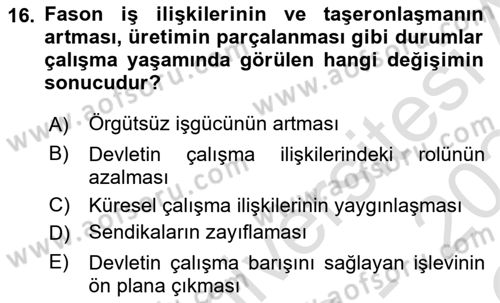 Çalışma Yaşamının Denetimi Dersi 2023 - 2024 Yılı Yaz Okulu Sınav Soruları 16. Soru