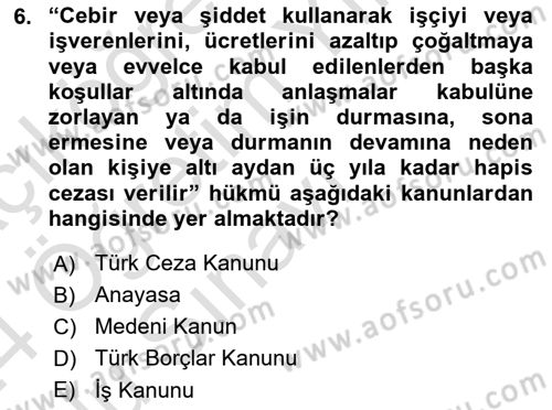 Çalışma Yaşamının Denetimi Dersi 2023 - 2024 Yılı Yaz Okulu Sınav Soruları 6. Soru