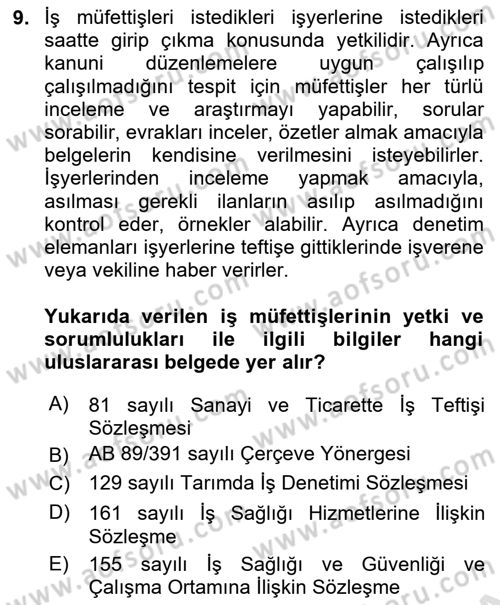 Çalışma Yaşamının Denetimi Dersi 2024 - 2025 Yılı (Vize) Ara Sınav Soruları 9. Soru