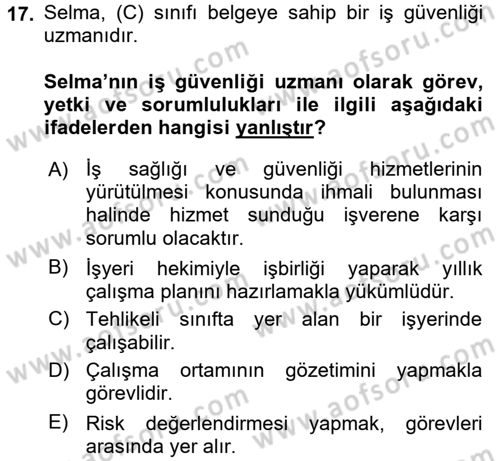 İş Sağlığı ve Güvenliği Dersi 2018 - 2019 Yılı (Final) Dönem Sonu Sınav Soruları 17. Soru