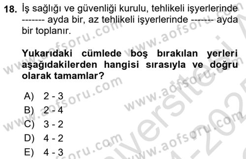 İş Sağlığı ve Güvenliği Dersi 2024 - 2025 Yılı Yaz Okulu Sınav Soruları 18. Soru
