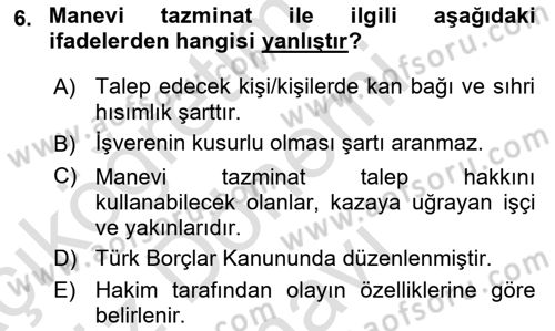 İş Sağlığı ve Güvenliği Dersi 2025 - 2026 Yılı (Final) Dönem Sonu Sınav Soruları 6. Soru