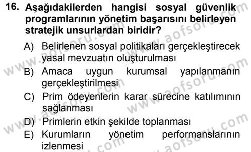 Sosyal Güvenlik Dersi Ara Sınavı Deneme Sınav Soruları 16. Soru