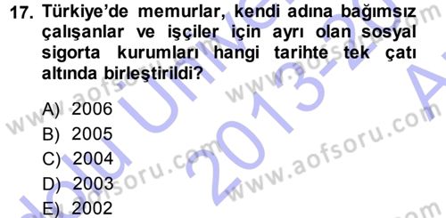Sosyal Güvenlik Dersi Ara Sınavı Deneme Sınav Soruları 17. Soru