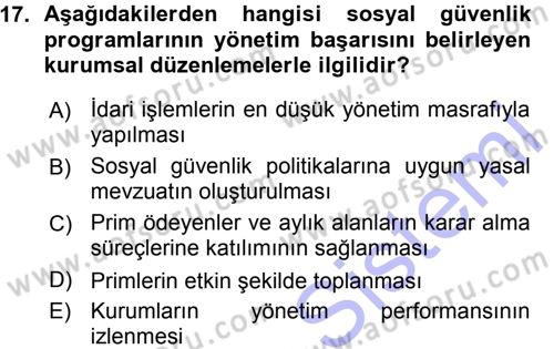 Sosyal Güvenlik Dersi 2015 - 2016 Yılı (Vize) Ara Sınav Soruları 17. Soru