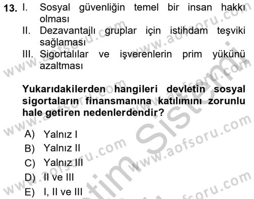 Sosyal Güvenlik Dersi 2018 - 2019 Yılı Yaz Okulu Sınav Soruları 13. Soru