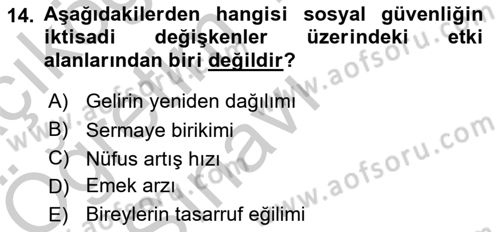 Sosyal Güvenlik Dersi 2018 - 2019 Yılı Yaz Okulu Sınav Soruları 14. Soru