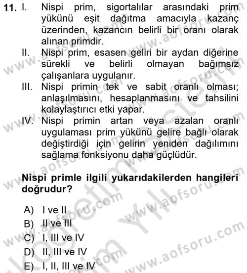 Sosyal Güvenlik Dersi 2020 - 2021 Yılı Yaz Okulu Sınav Soruları 11. Soru