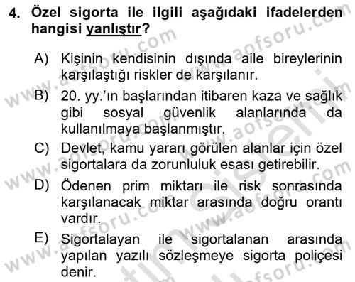 Sosyal Güvenlik Dersi 2020 - 2021 Yılı Yaz Okulu Sınav Soruları 4. Soru