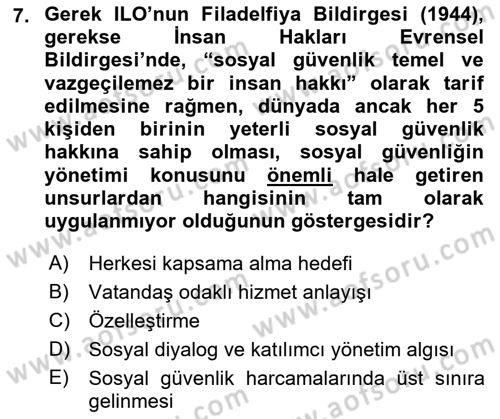 Sosyal Güvenlik Dersi 2020 - 2021 Yılı Yaz Okulu Sınav Soruları 7. Soru