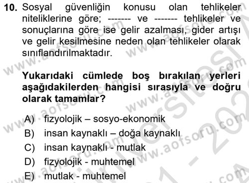 Sosyal Güvenlik Dersi Ara Sınavı Deneme Sınav Soruları 10. Soru