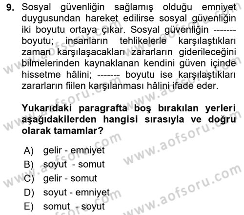 Sosyal Güvenlik Dersi Ara Sınavı Deneme Sınav Soruları 9. Soru
