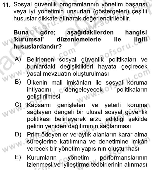 Sosyal Güvenlik Dersi Ara Sınavı Deneme Sınav Soruları 11. Soru