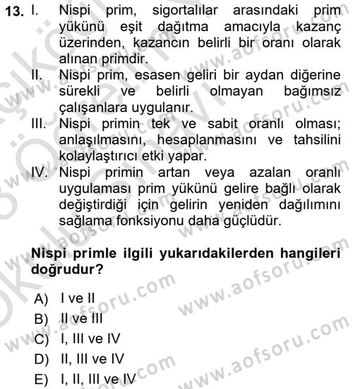 Sosyal Güvenlik Dersi 2022 - 2023 Yılı Yaz Okulu Sınav Soruları 13. Soru