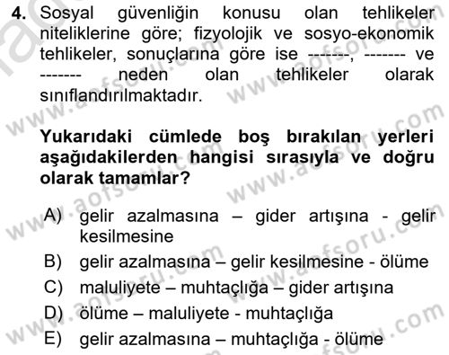 Sosyal Güvenlik Dersi 2022 - 2023 Yılı Yaz Okulu Sınav Soruları 4. Soru