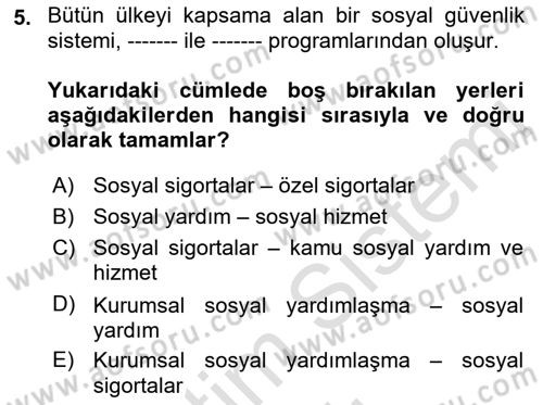Sosyal Güvenlik Dersi 2022 - 2023 Yılı Yaz Okulu Sınav Soruları 5. Soru