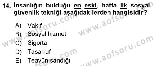 Sosyal Güvenlik Dersi Ara Sınavı Deneme Sınav Soruları 14. Soru