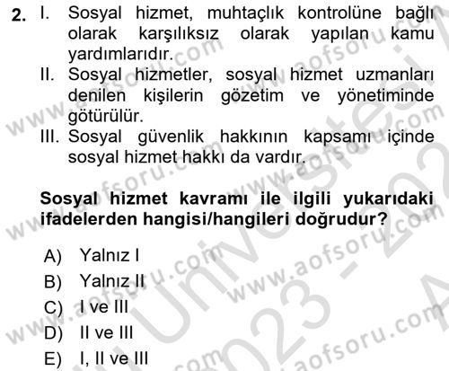 Sosyal Güvenlik Dersi 2023 - 2024 Yılı (Vize) Ara Sınav Soruları 2. Soru