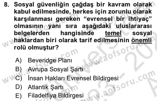 Sosyal Güvenlik Dersi Ara Sınavı Deneme Sınav Soruları 8. Soru