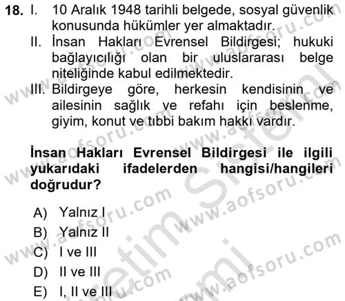 Sosyal Güvenlik Dersi 2023 - 2024 Yılı (Final) Dönem Sonu Sınav Soruları 18. Soru