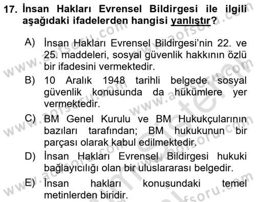 Sosyal Güvenlik Dersi 2024 - 2025 Yılı (Final) Dönem Sonu Sınav Soruları 17. Soru