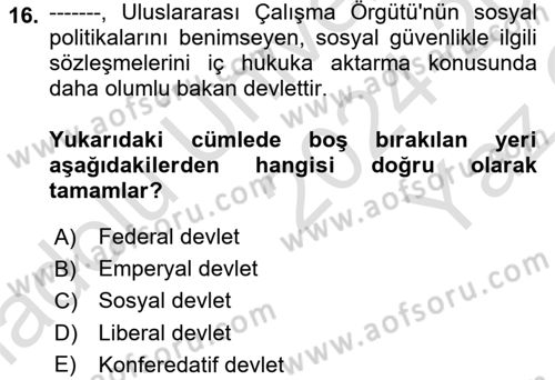 Sosyal Güvenlik Dersi 2024 - 2025 Yılı Yaz Okulu Sınav Soruları 16. Soru