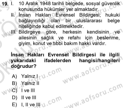 Sosyal Güvenlik Dersi 2024 - 2025 Yılı Yaz Okulu Sınav Soruları 19. Soru