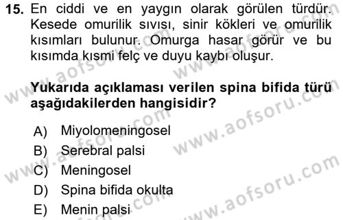 Çocuk Gelişimde Normal Ve Atipik Gelişim Dersi 2017 - 2018 Yılı (Final) Dönem Sonu Sınavı 15. Soru