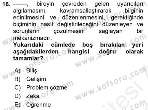 Çocuk Gelişimde Normal Ve Atipik Gelişim Dersi 2018 - 2019 Yılı (Vize) Ara Sınavı 16. Soru