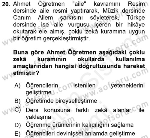 Öğretimde Planlama Ve Değerlendirme Dersi 2015 - 2016 Yılı (Vize) Ara Sınav Soruları 20. Soru