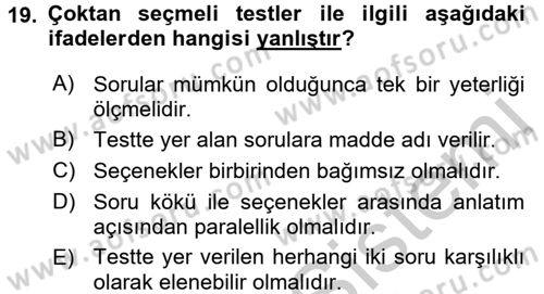 Öğretimde Planlama Ve Değerlendirme Dersi 2016 - 2017 Yılı 3 Ders Sınav Soruları 19. Soru