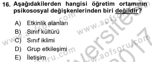 Öğretimde Planlama Ve Değerlendirme Dersi 2016 - 2017 Yılı (Vize) Ara Sınav Soruları 16. Soru