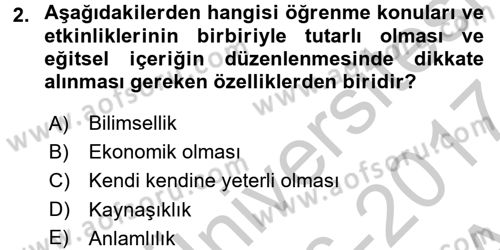 Öğretimde Planlama Ve Değerlendirme Dersi 2016 - 2017 Yılı (Vize) Ara Sınav Soruları 2. Soru