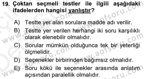 Öğretimde Planlama Ve Değerlendirme Dersi 2017 - 2018 Yılı 3 Ders Sınav Soruları 19. Soru