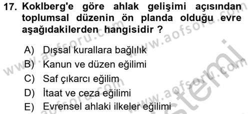 Çocuk Gelişimi Dersi 2016 - 2017 Yılı 3 Ders Sınavı 17. Soru