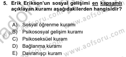 Çocuk Gelişimi Dersi 2016 - 2017 Yılı 3 Ders Sınavı 5. Soru