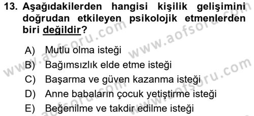 Çocuk Gelişimi Dersi 2017 - 2018 Yılı 3 Ders Sınav Soruları 13. Soru
