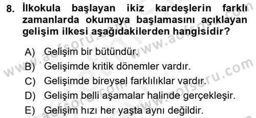 Çocuk Gelişimi Dersi 2017 - 2018 Yılı 3 Ders Sınav Soruları 8. Soru